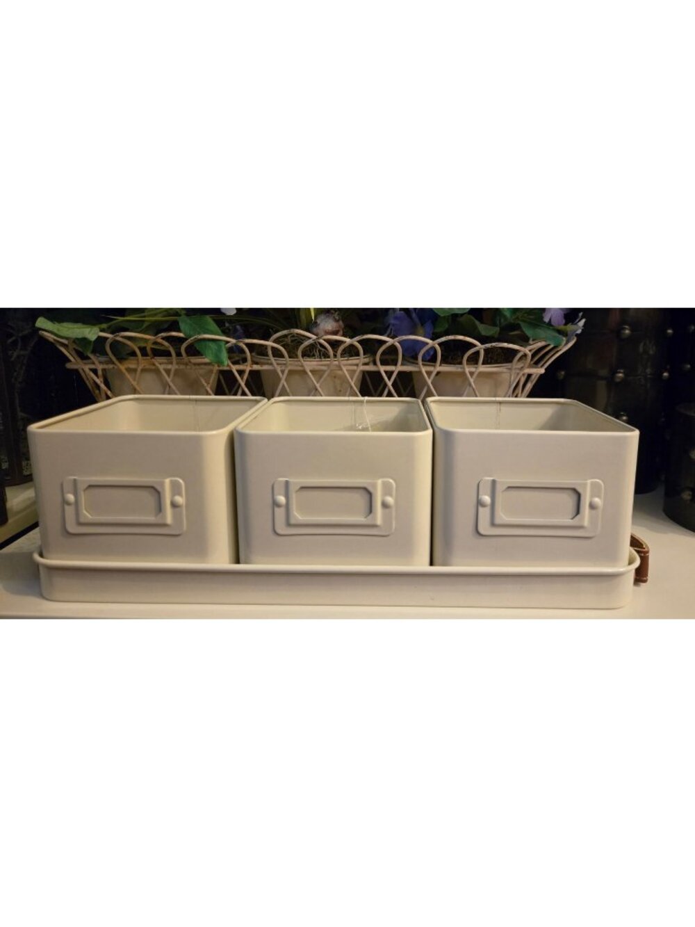 Metal planter on tray with strap handles